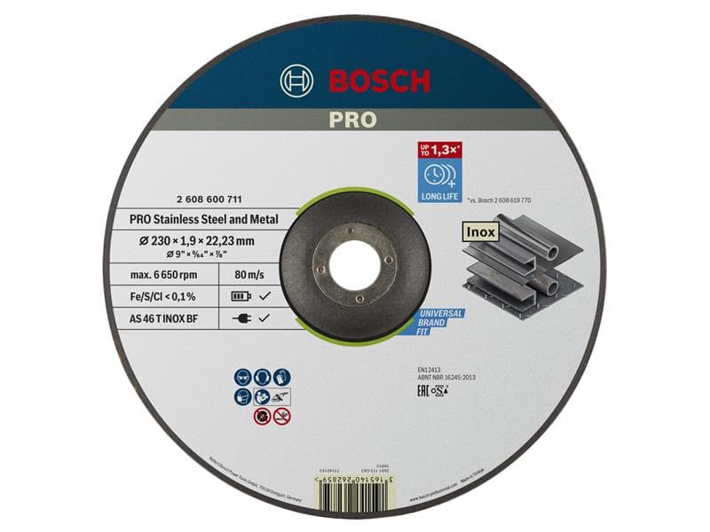 Bosch Powertool Accessories 2608600711 Pro Stainless Steel & Metal Bonded Cutting Disc Depressed Centre 230 X 22.23Mm