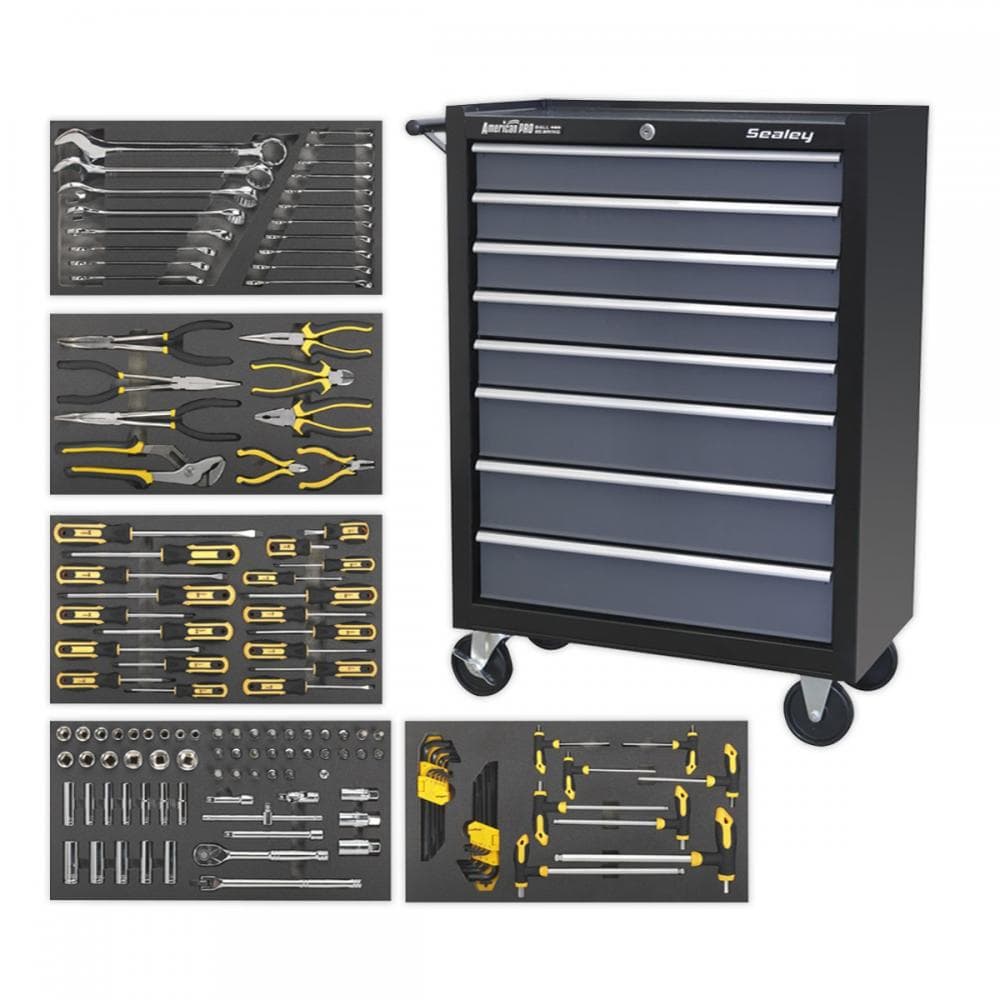 Sealey AP35TBCOMBO3 Rollcab 8 Drawer With Ball-Bearing Slides - Black/Grey & 302Pc Tool Kit