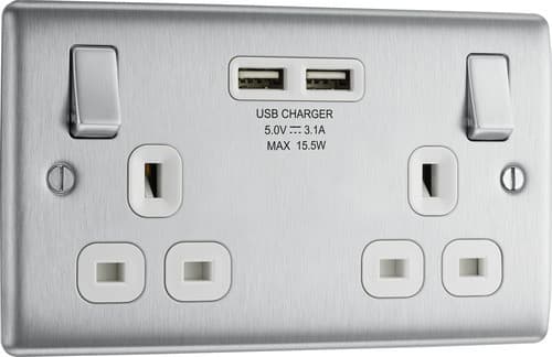 Nexus Metal Brushed Steel Double Switched 13A Power Socket With Usb Charging - 2X Usb Sockets (3.1A) NBS22U3W-01