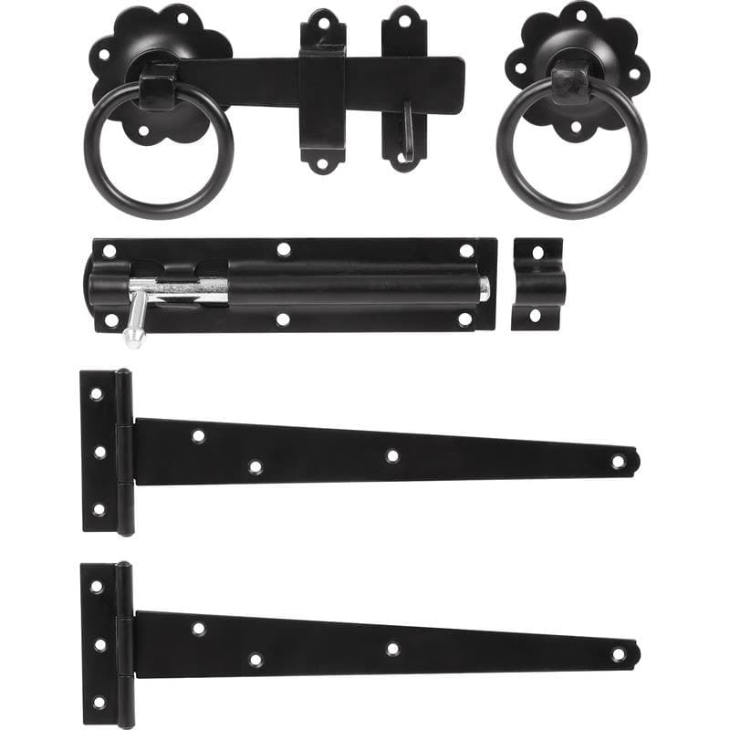 Ring Gate Latch Kit with Hinges and Tower Bolt - Black Powder Coated - External - Hardware Solutions