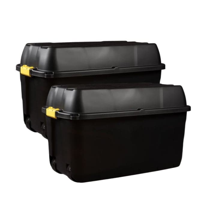 175L Heavy Duty Plastic Storage Box with Wheels and Waterproof Lid, Black - Set Of 2 Strata