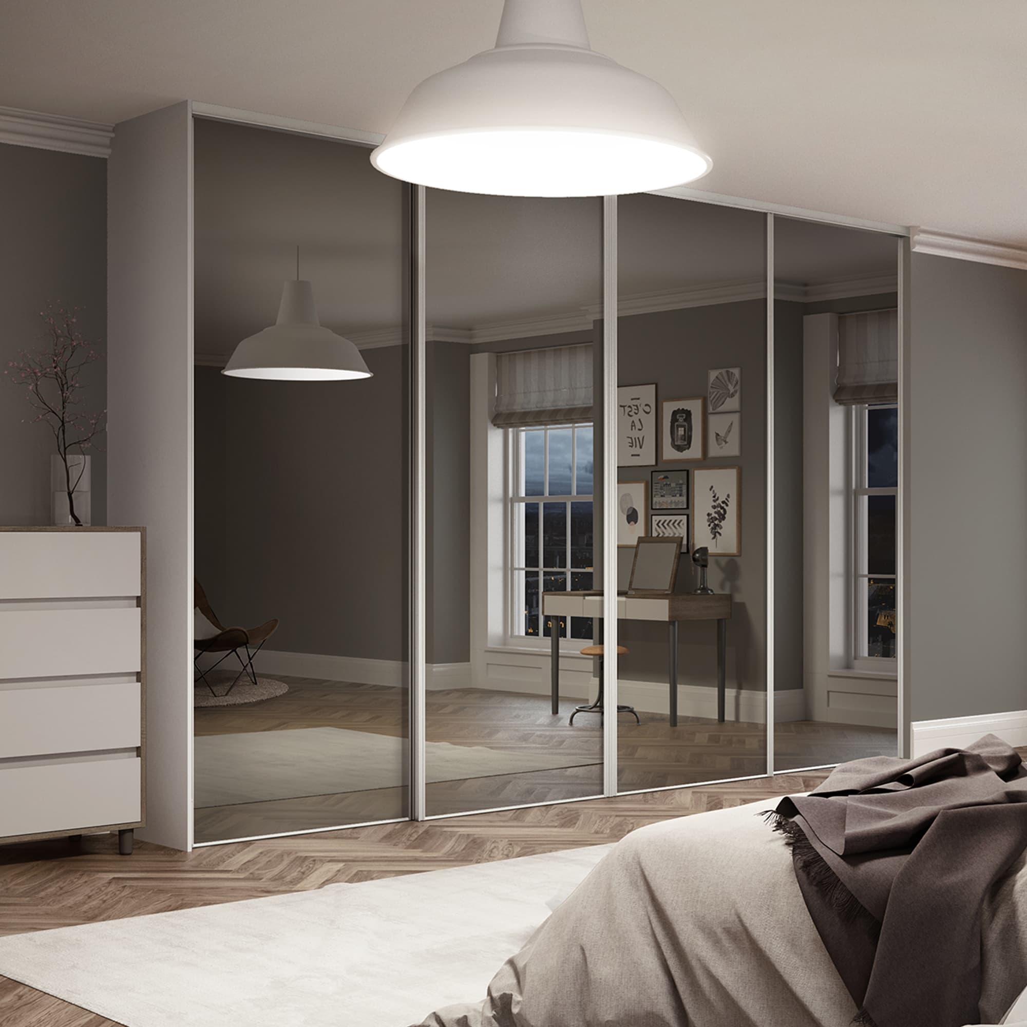 Spacepro White Steel and Glass Heritage Frame Mirror Sliding Doors, Size: 2390x2260mm