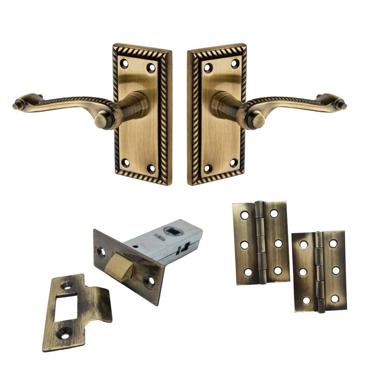 Georgian Scroll Lever Door Handle on Short Backplate - Antique Brass - Complete Door Pack - Designer Levers