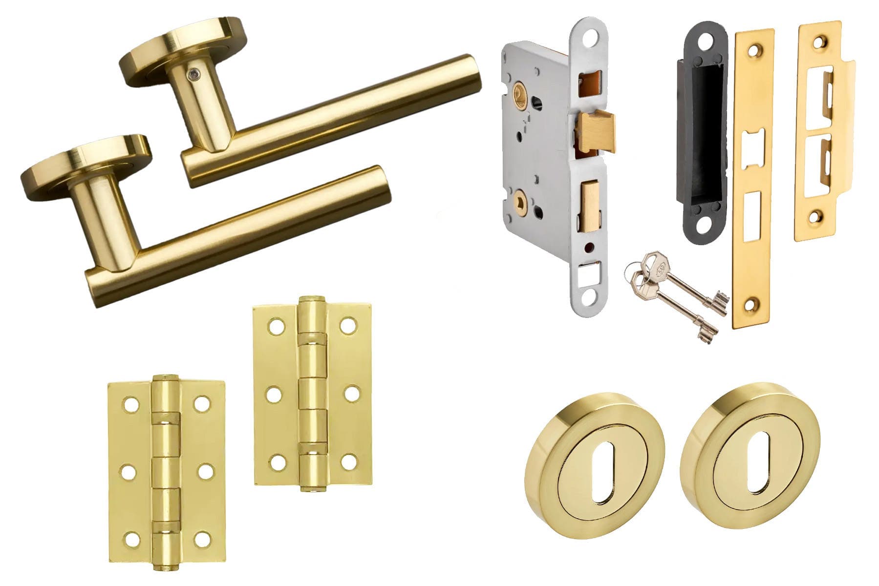 T-Bar Lever On Rose Sashlock Door Pack - Brushed Brass - Handle/Hinges/Sashlock/Escutcheon - Designer Levers