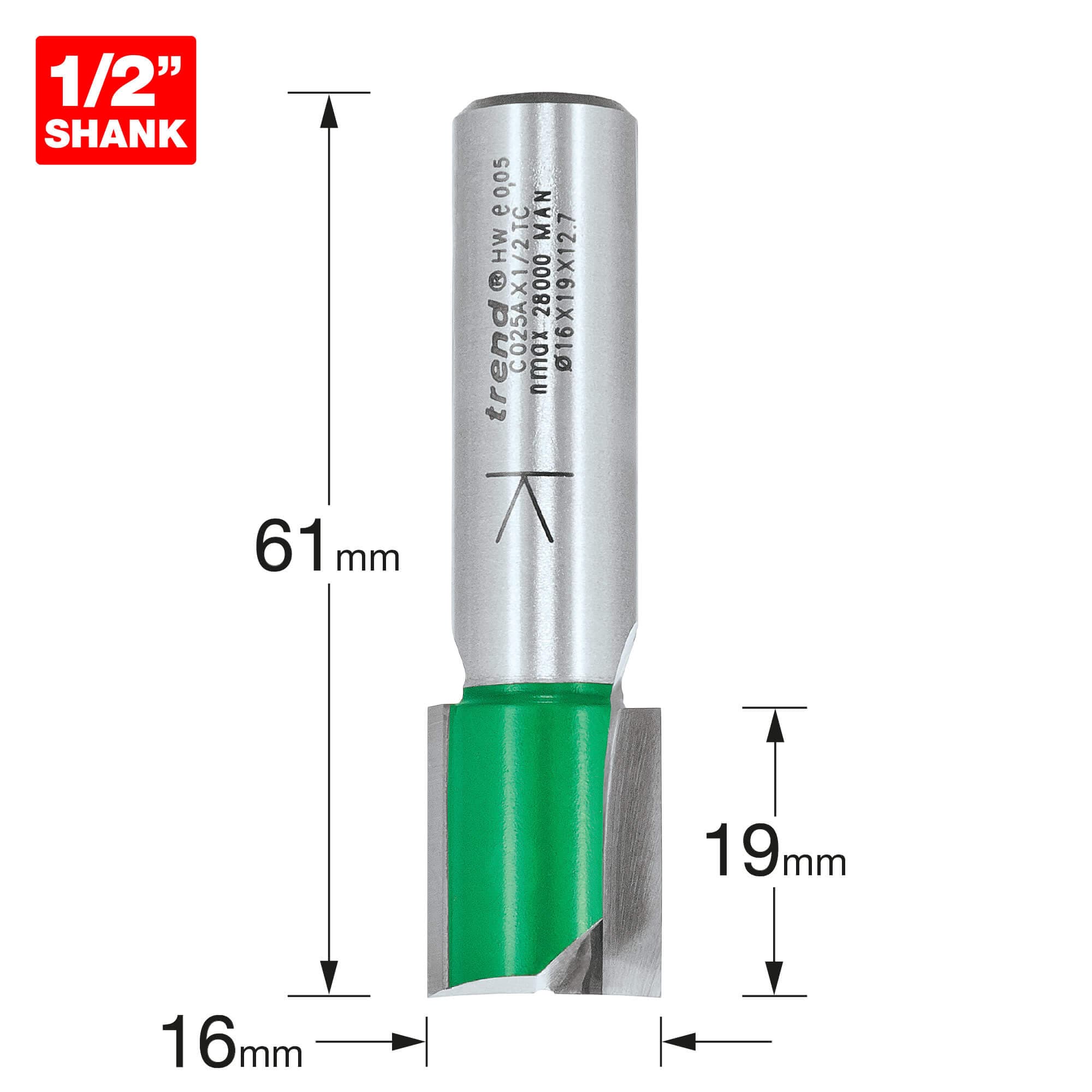Trend Two Flute Cutter 16Mm Diameter Pk 1 C025AX1/2TC