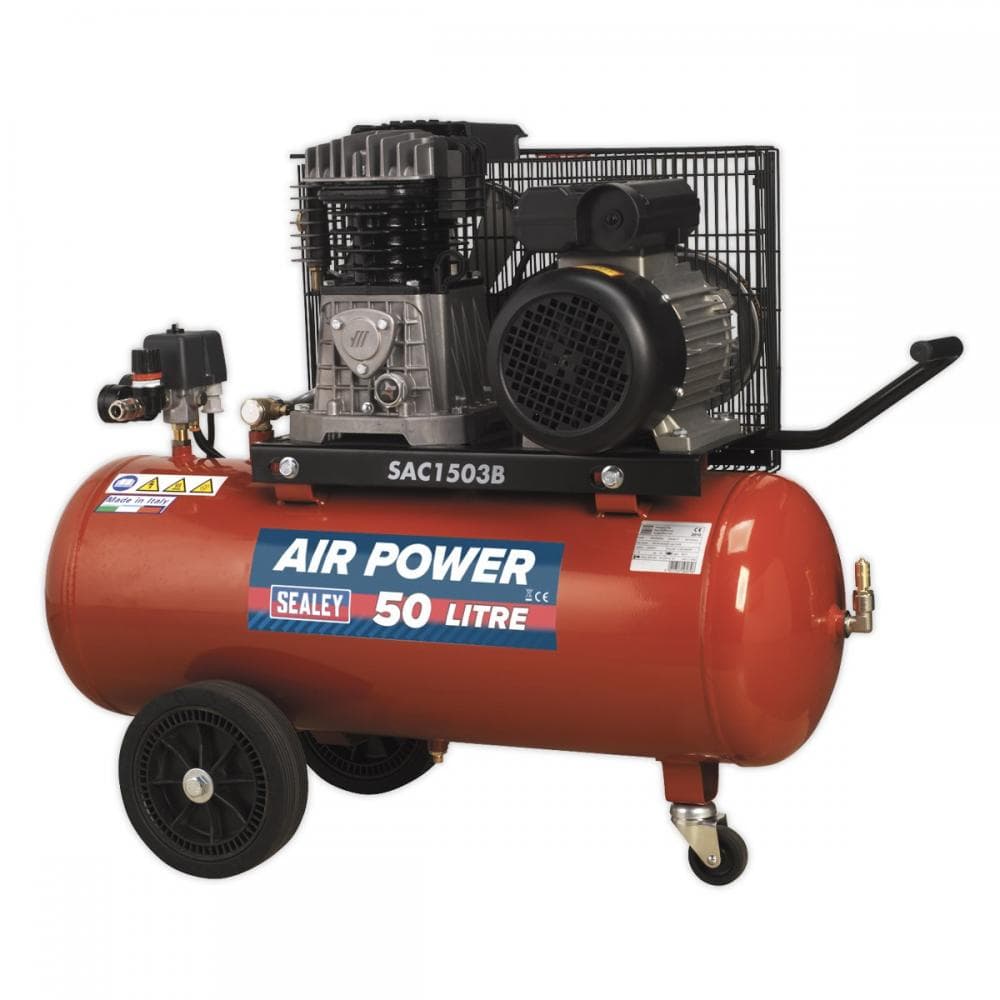 Sealey SAC1503B Air Compressor 50L Belt Drive 3Hp With Cast Cylinders & Wheels
