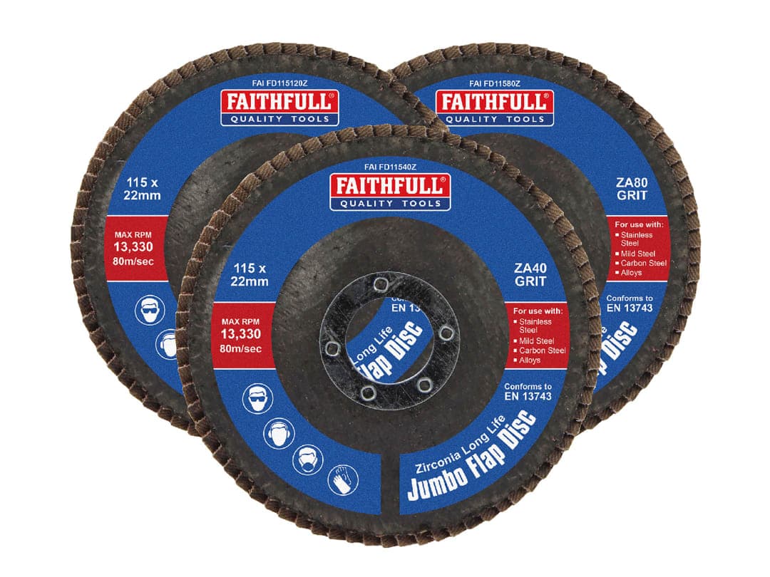 Faithfull Zirconia Abrasive Jumbo Flap Disc 115 x 22mm Mixed Grit (3 Pack) FAIFD115ZM3
