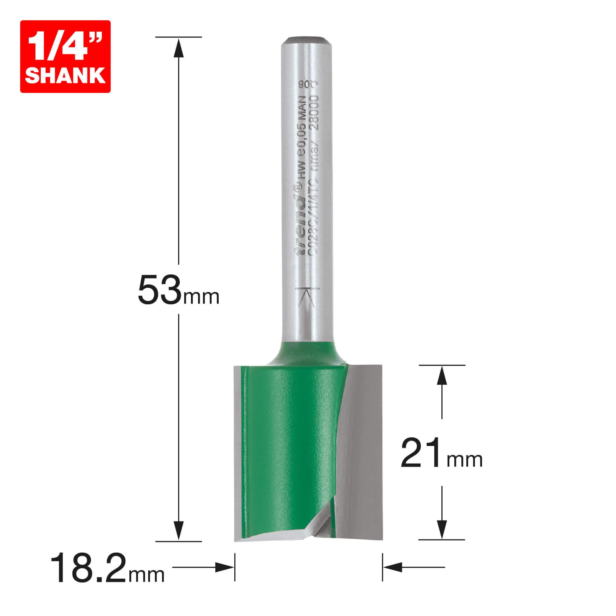 Trend Craftpro 1/4In Shank Two Flute Straight Router Cutter Bit 18.2Mm Dia X 21Mm Cut Depth Pk 1 C028CX1/4TC