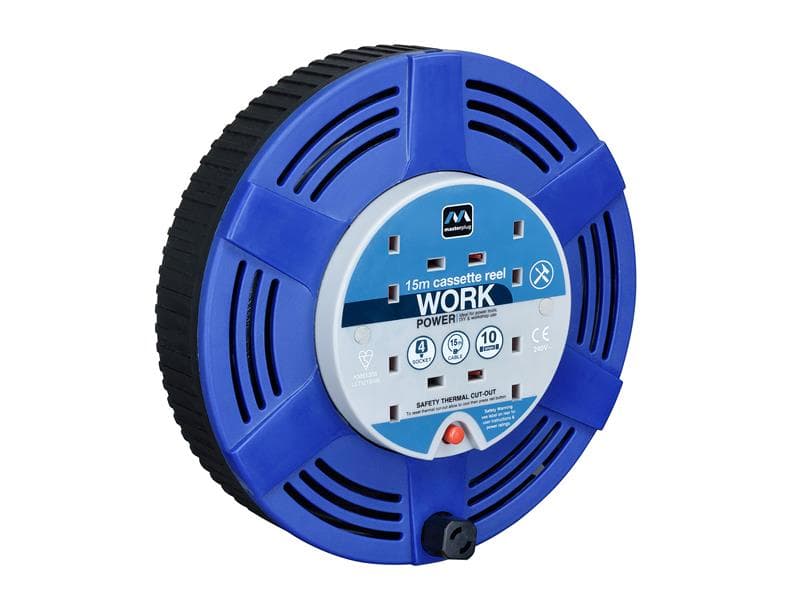 Masterplug LCT1510/4BL Cassette Cable Reel 240V 10A 4-Socket Thermal Cut-Out Blue 15M