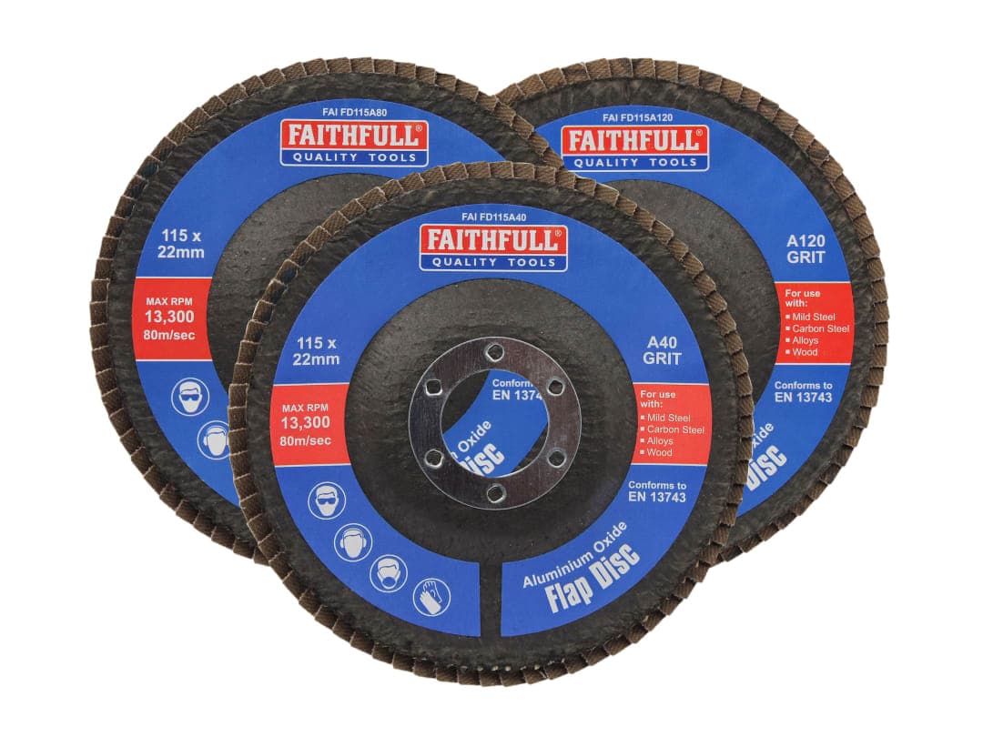 Faithfull Aluminium Oxide Flap Disc 115 x 22mm Mixed Grit (3 Pack) FAIFD115AM3