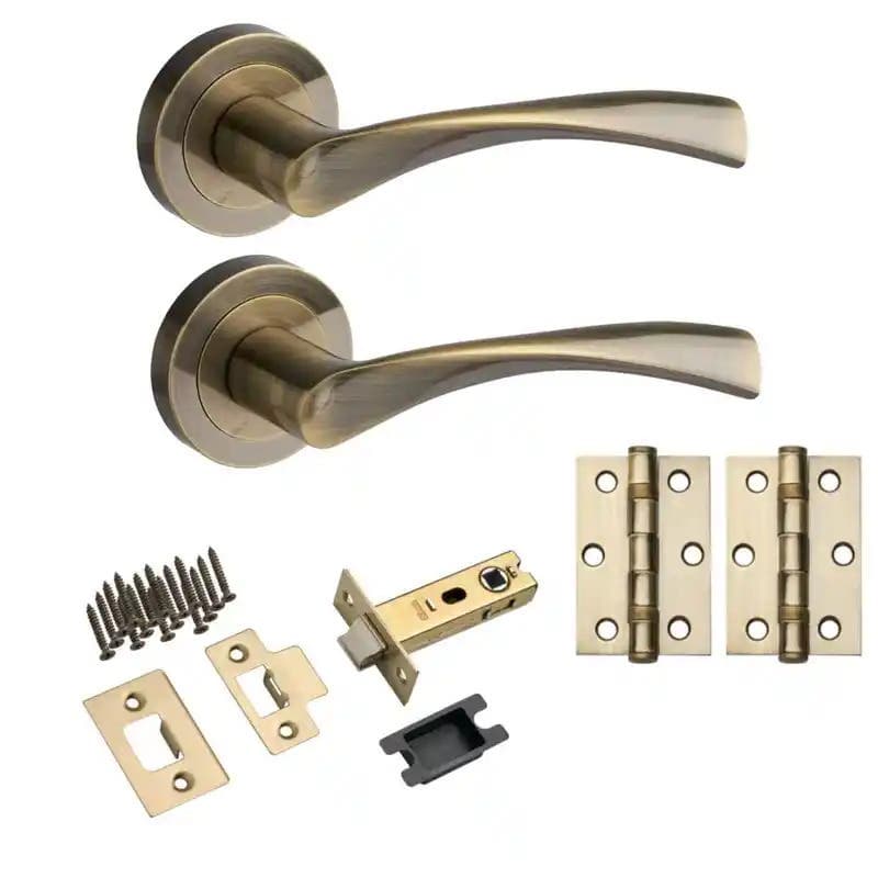 Marvel Lever on Rose Door Handle - Antique Brass - Latch & Hinge Pack - Designer Levers