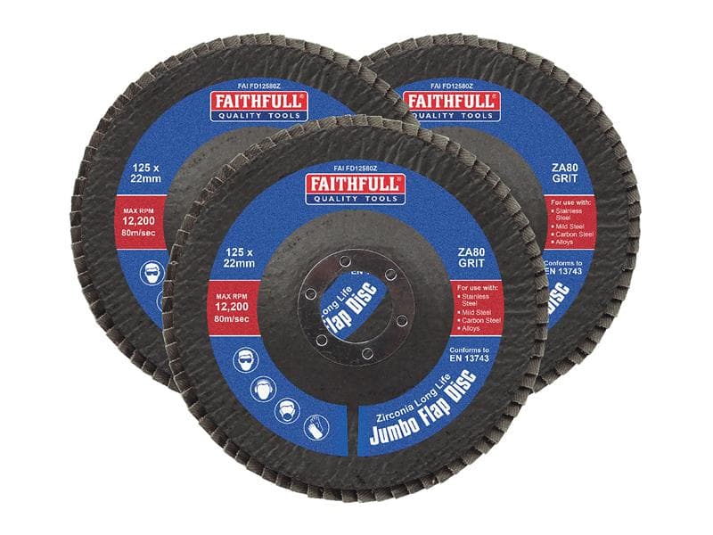 Faithfull Zirconia Abrasive Jumbo Flap Disc 125 X 22Mm 80 Grit (3 Pack)