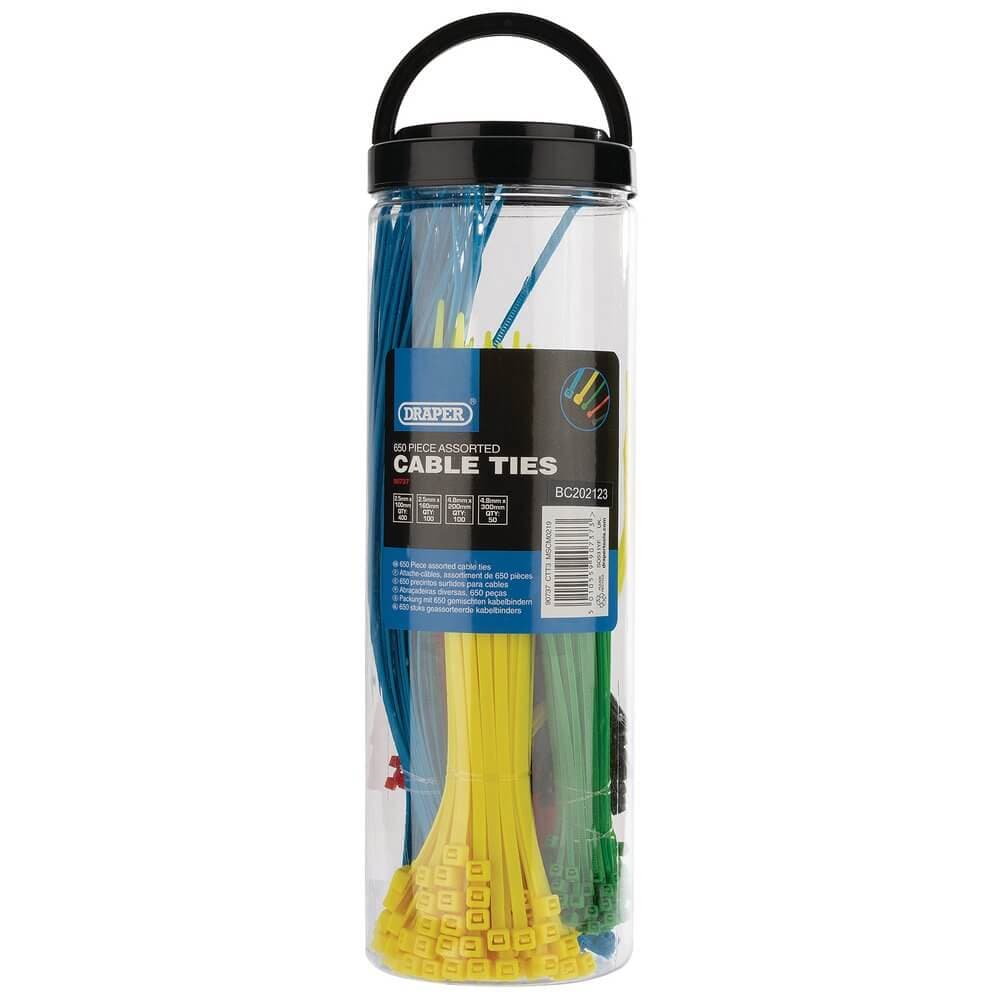 Draper 90737 Assorted Coloured Nylon Cable Tie Pack (650 Piece) per pack