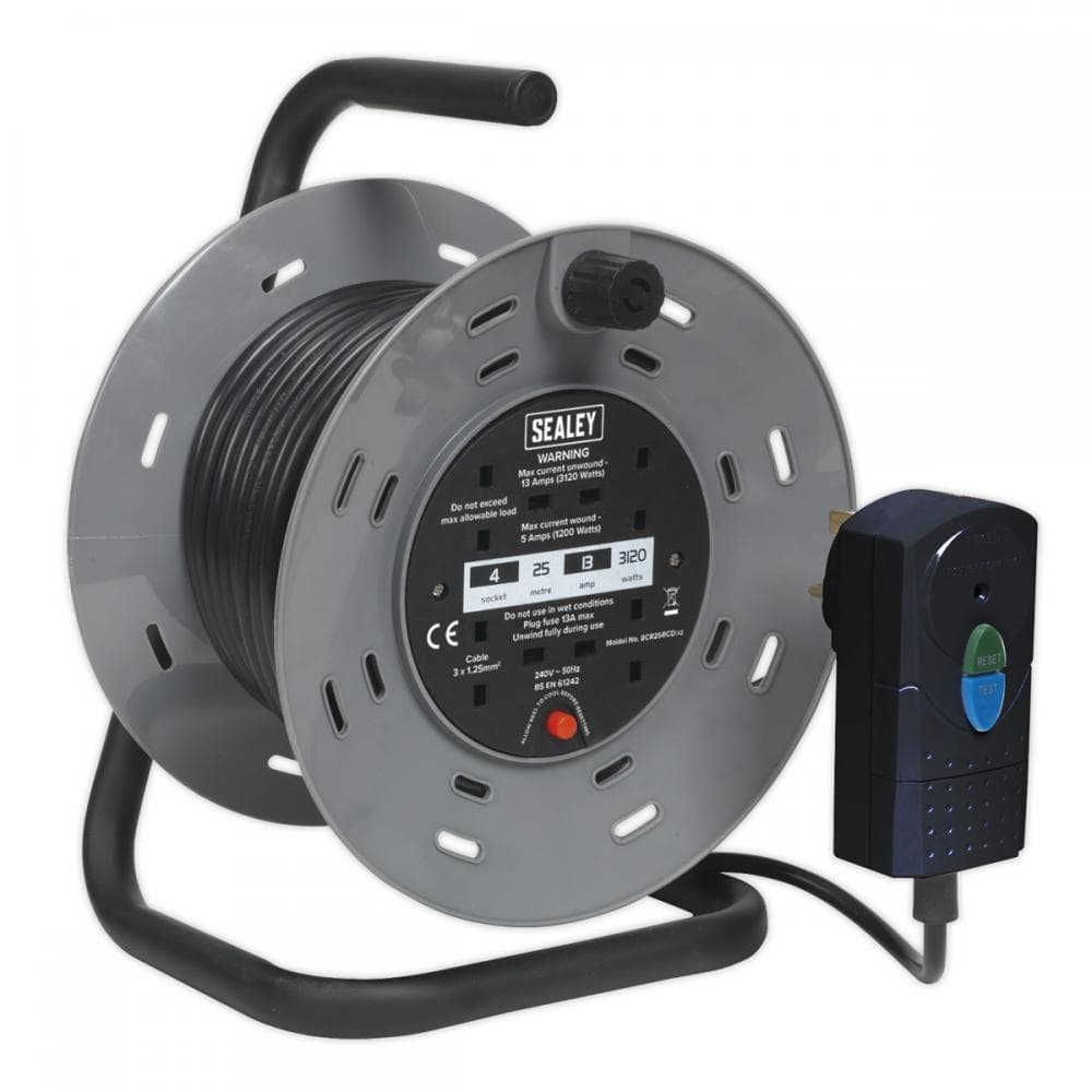 Sealey BCR25RCD Cable Reel 25M 4 X 230V 1.25Mm² Thermal Trip With Rcd Plug