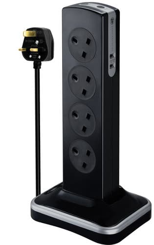 8 Socket 2M H05Vv-F 3G1 25 Switched Tower Surge Extension Lead + Usb (2 Port 3.1A) Gloss Black - Mp (Uk) SRGTOWSU82PB-MP
