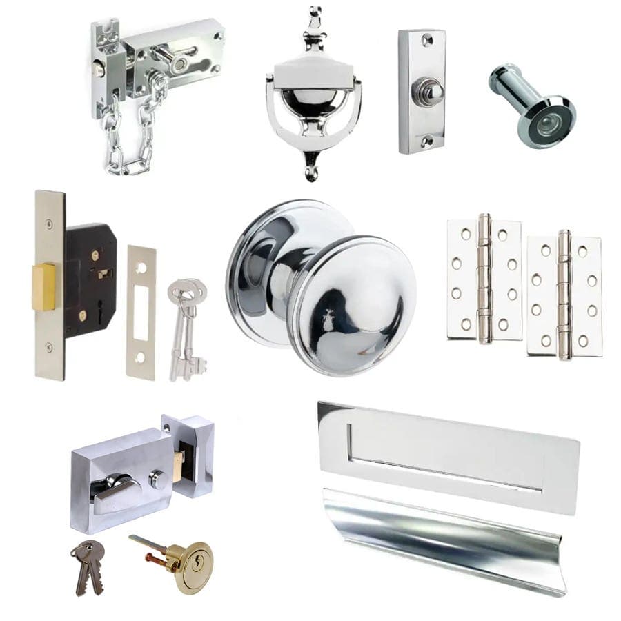 Complete Front Door Hardware & Security Pack - Chrome Components - Knob/Deadlock/Chain/Latch/Letterbox/Bell/Hinges