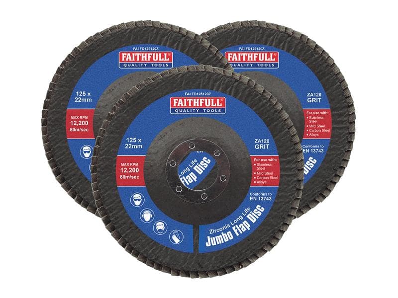 Faithfull Zirconia Abrasive Jumbo Flap Disc 125 X 22Mm 120 Grit (3 Pack)