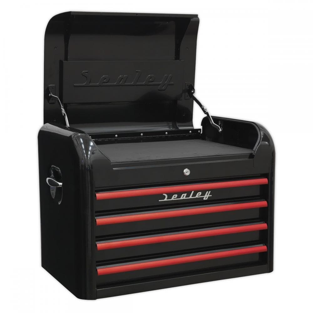 Sealey AP28104BR Topchest 4 Drawer Retro Style - Black With Red Anodised Drawer Pulls