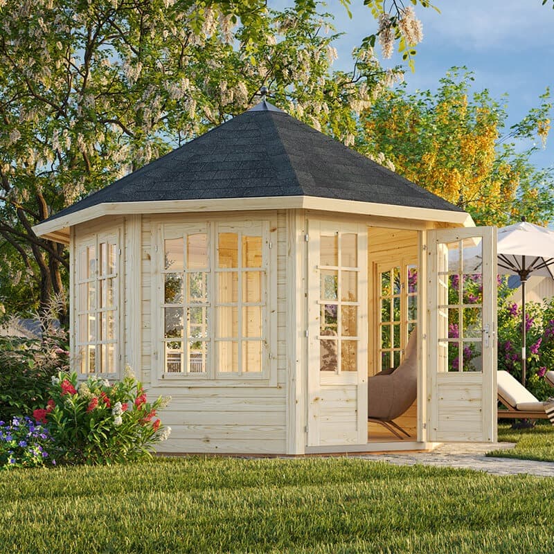 Palmako Veronica 3.4m x 3.4m Octagonal Summer House Log Cabin (34mm) - 7 Windows