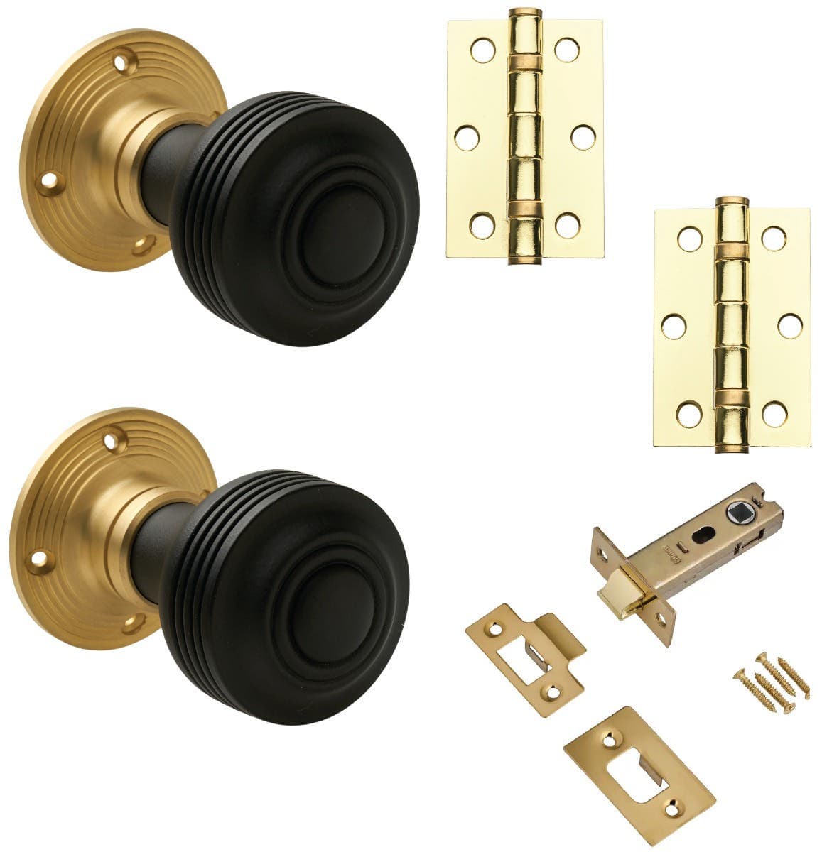 Edwardian Fluted Door Knob Internal Door Pack - Brushed Brass/Natural Wood - Latch & Hinges - Designer Levers