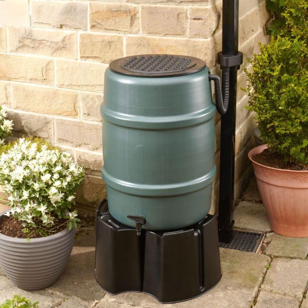 Small 114L Standard Water Butt Barrel With Stand and Diverter Green Straights Manufacturing