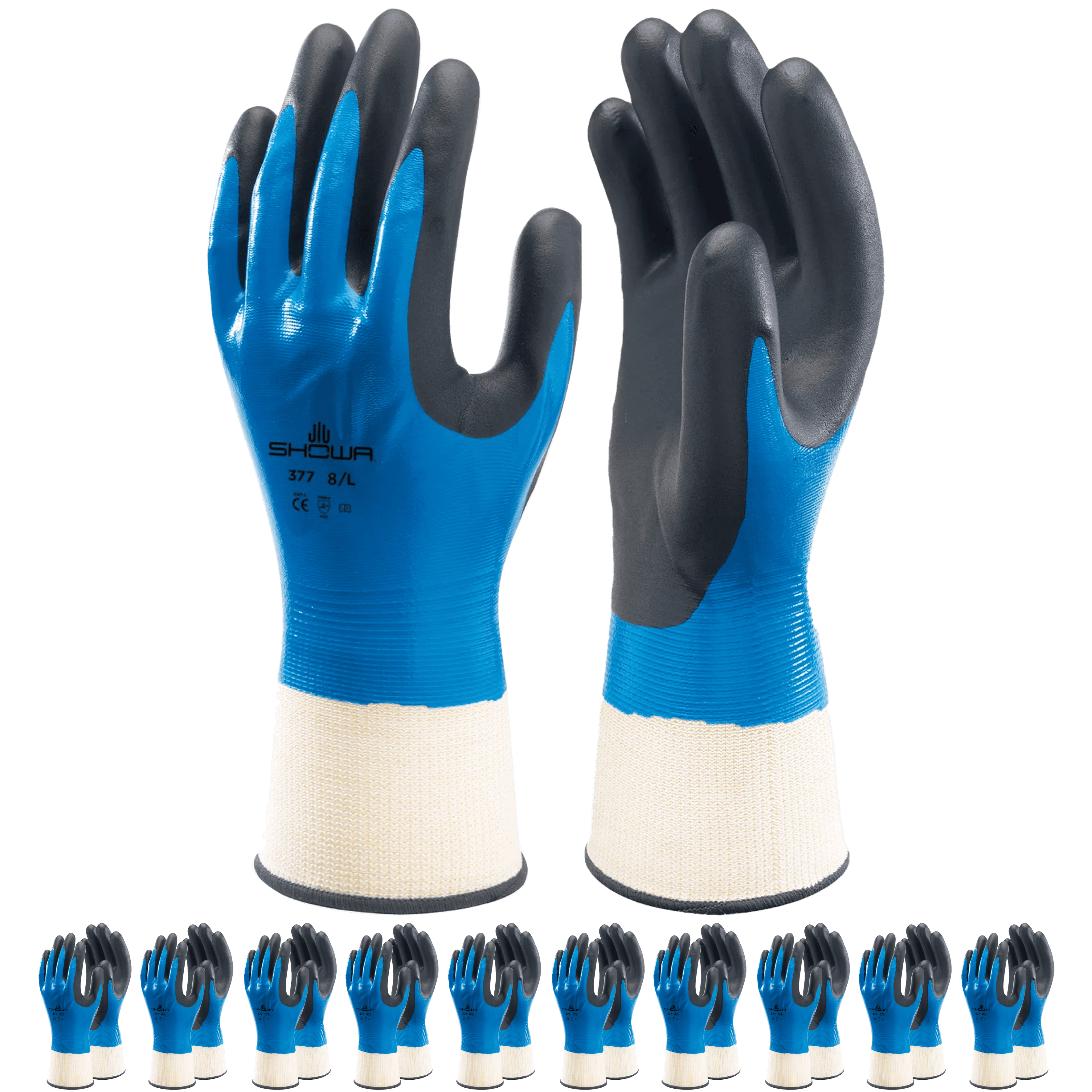 SHOWA 377 Waterproof Impermeable Fully Coated Work Gloves with Nitrile Grip (PACK of 10 PAIRS)