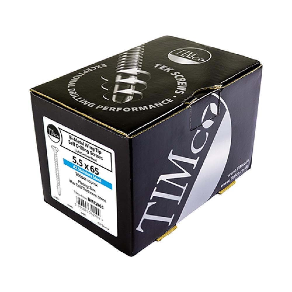 Timco BMLW85 Metal Construction Timber To Light Section Screws - Countersunk - Wing-Tip - Self-Drilling - Bi-Metal - Exterior - Silver Organic 5.5 X 85 Box 100