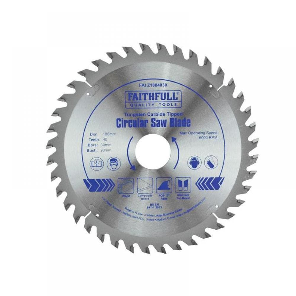 Faithfull FAIZ1804030 Tct Circular Saw Blade 180 X 30Mm X 40T Pos
