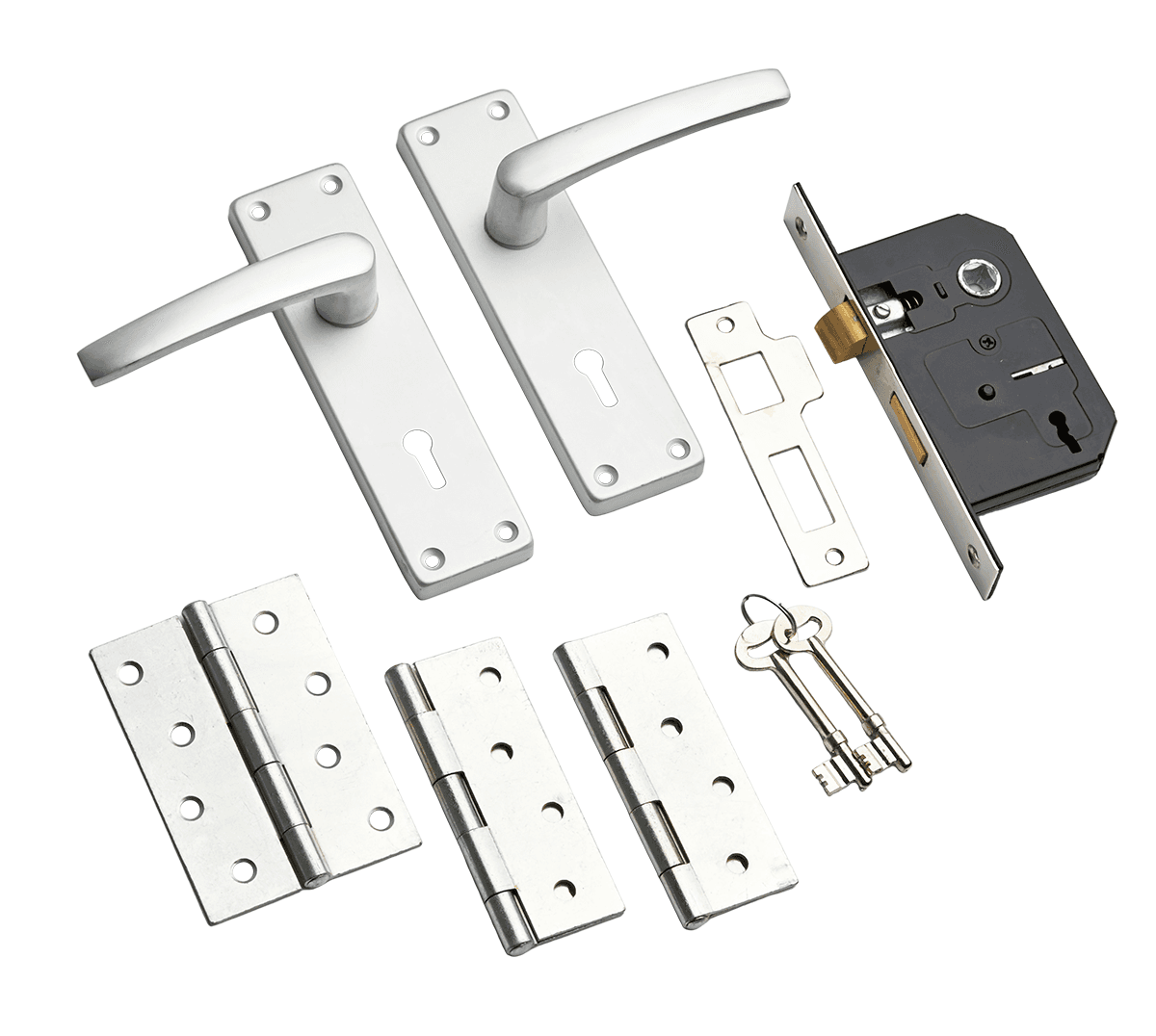 Manilla Lever Lock Door Handle w/ Sashlock - Satin Aluminium - Complete Door Pack - Designer Levers