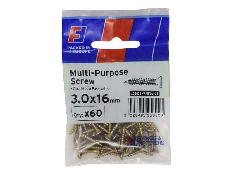 Forgefix FPKMPS316Y Multi-Purpose Pozi Screw Csk St Zyp 3.0 X 16Mm Forgepack 60