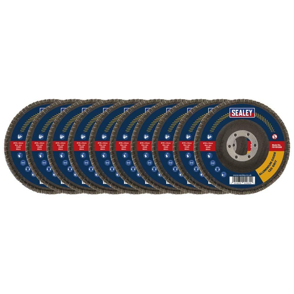 Sealey FD115120E10 120Grit Flap Discs Aluminium Oxide Ø115Mm Ø22Mm Bore - Pack Of 10