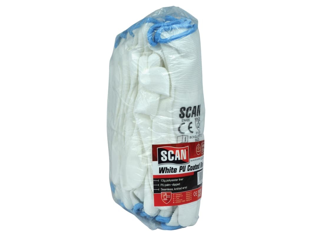 Scan White PU Coated Gloves - L (Size 9) (Pack 12) 5004W