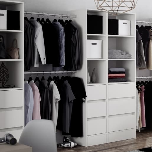 Spacepro White MFC Tower Unit with 3 Drawers and Hanger Bar, Size: 2100x450x20mm