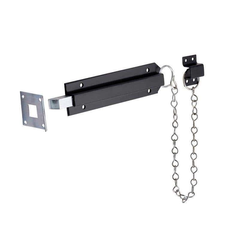 Sliding Bolt with Security Chain - 8" (Inch) - Black Powder Coated - Hardware Solutions