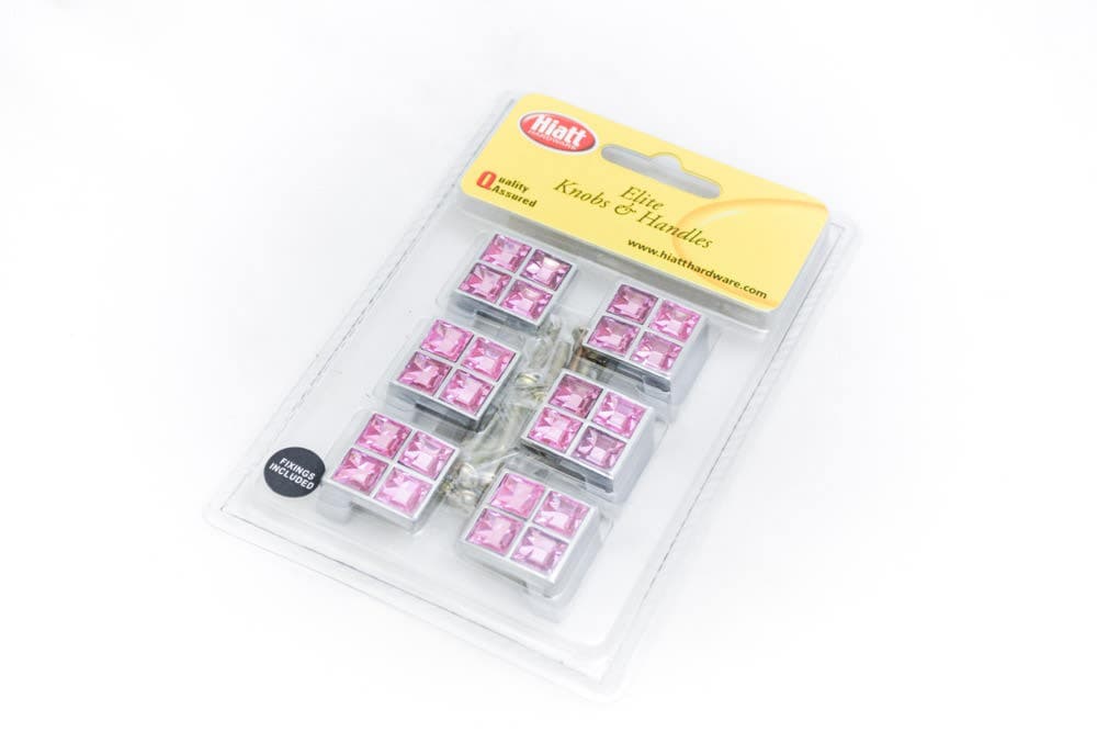 Pink Acrylic Square Cabinet Knob 25mm Polished Chrome - Pack of 6