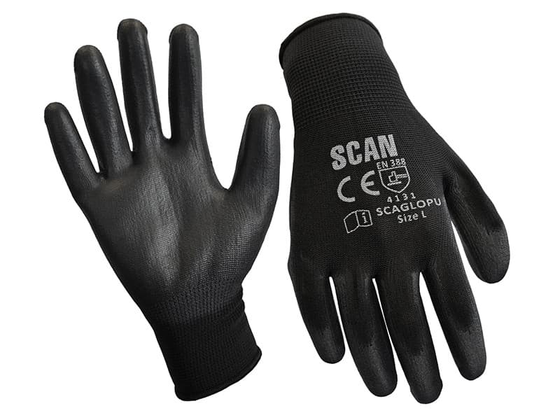 Scan 2AYH22L-24 Black Pu Coated Gloves - L (Size 9) (12 Pairs)