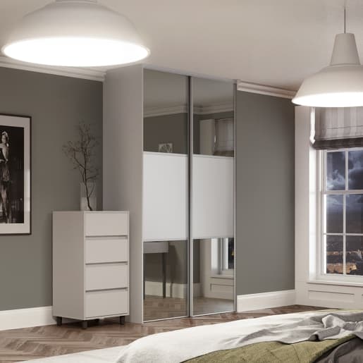 Spacepro Light Grey MFC and Glass Classic Frame Mirror Panel Sliding Doors, Size: 1793x2260mm