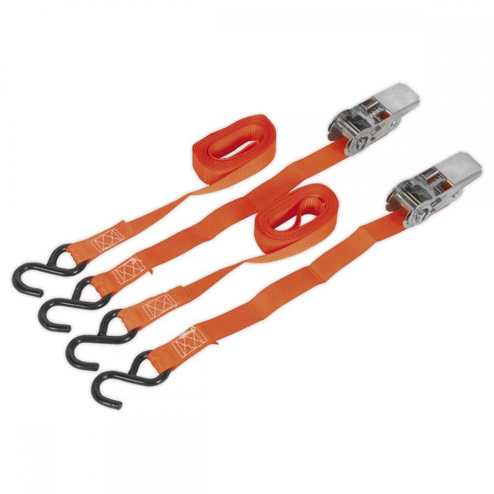 Sealey TD0540S2 Ratchet Straps 25Mm X 4M Polyester Webbing With S-Hooks 500Kg Breaking Strength - Pair