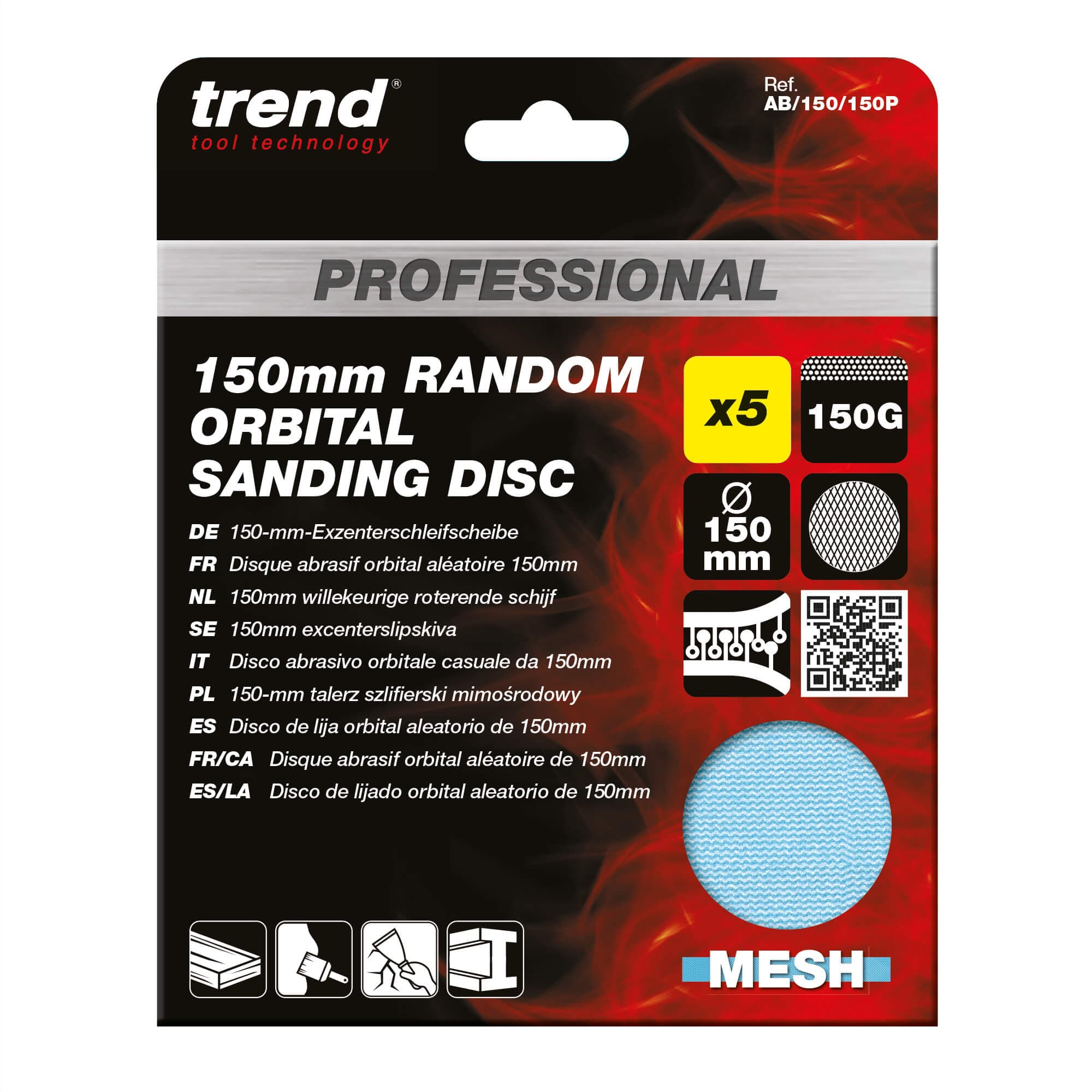 Trend 150Mm 150G Pro Mesh Random Orbital Sanding Disc 5 Pack AB/150/150P