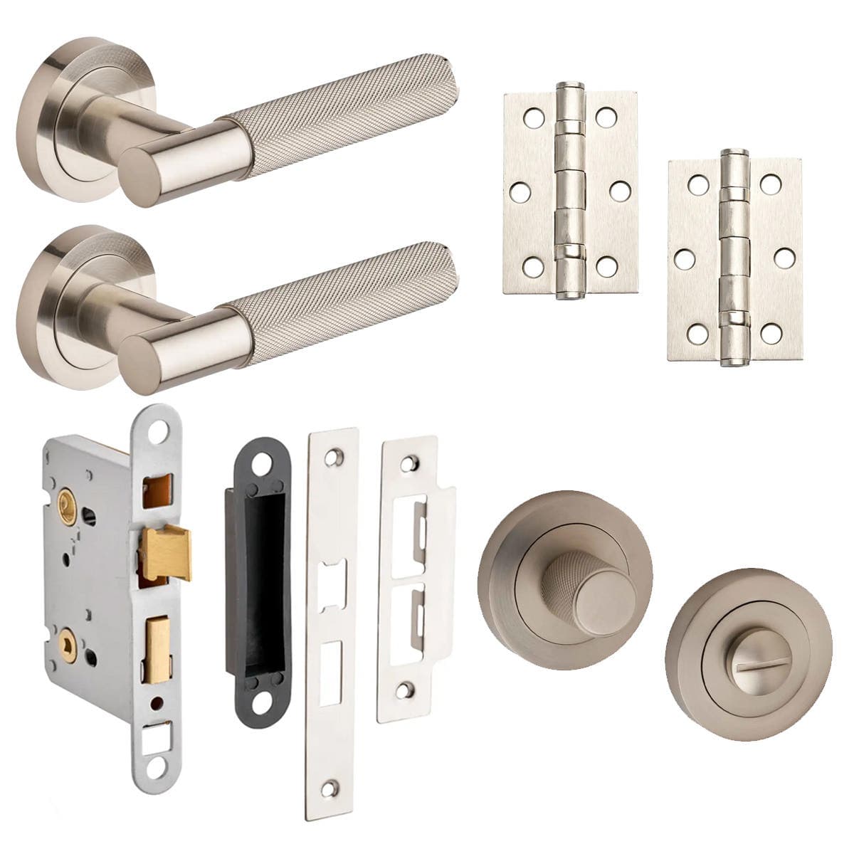 Marylebone Knurled Lever On Rose Bathroom Door Pack - Brushed Nickel - Handle/Hinges/Sashlock/Thumbturn set - Designer Levers