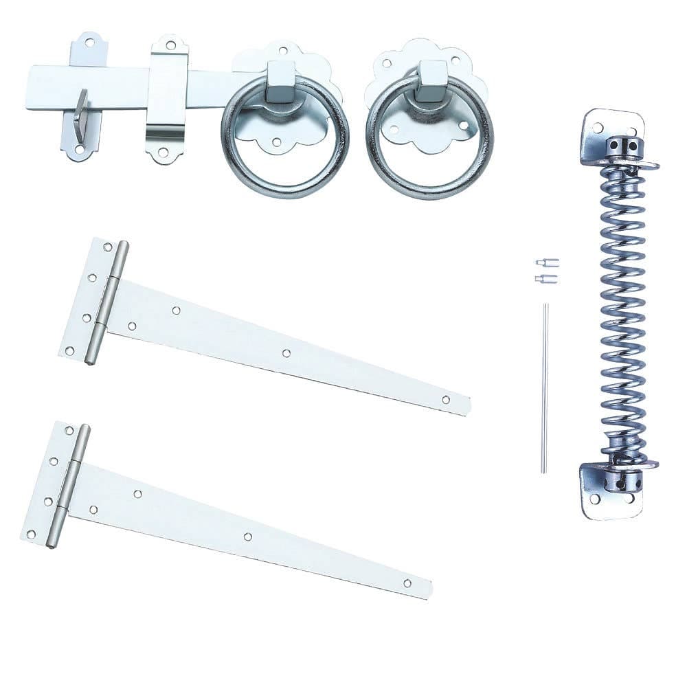 Ring Gate Latch - T Hinges - Gate Closing Spring Set - Zinc Plated - Hardware Solutions