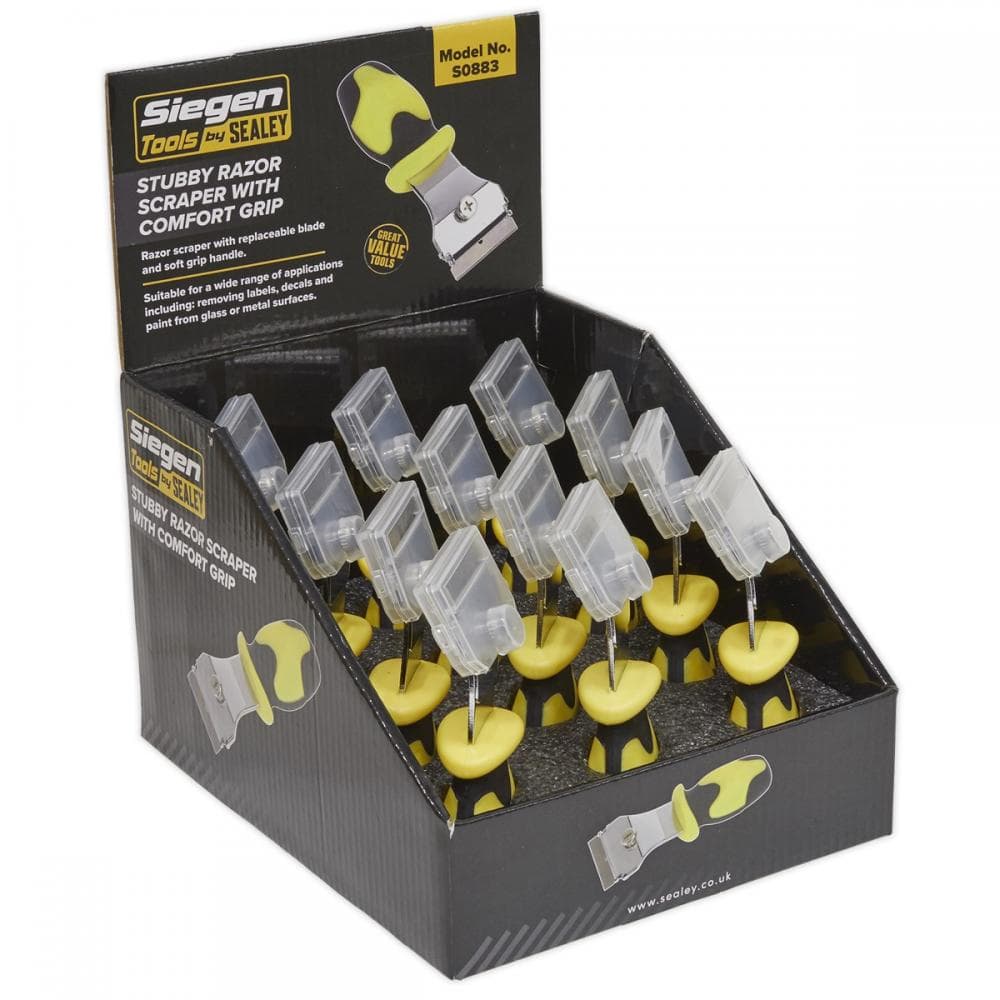 Sealey S0883 Razor Scraper With Comfort Grip Stubby Display Box Of 12