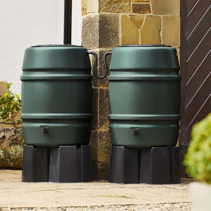 Medium Harcostar 168L Water Butt Kit with Stand & Universal Rain Trap – Green, UK Manufactured - Double Recycled Plastic Green Water Butts Direct