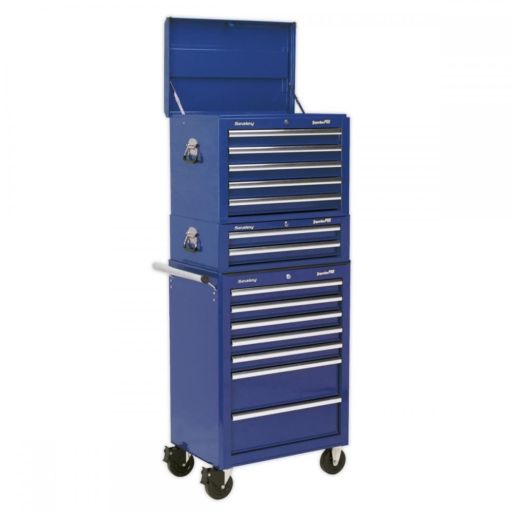 Sealey APSTACKTC Topchest Mid-Box & Rollcab Combination 14 Drawer With Ball-Bearing Slides - Blue