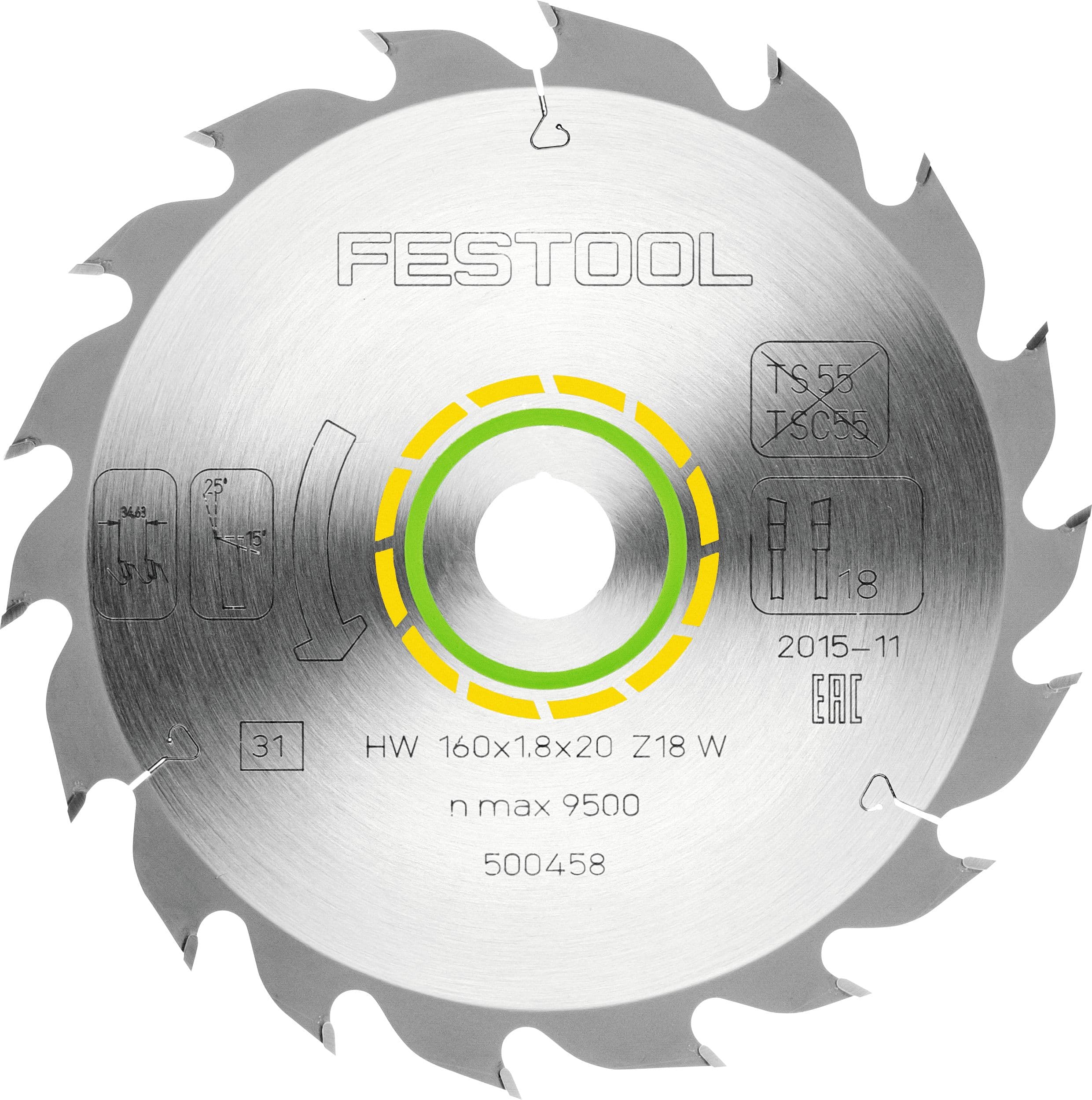 Festool 500458 HKC55 18 Tooth Standard 1.8mm Saw Blade 160/20mm Diameter