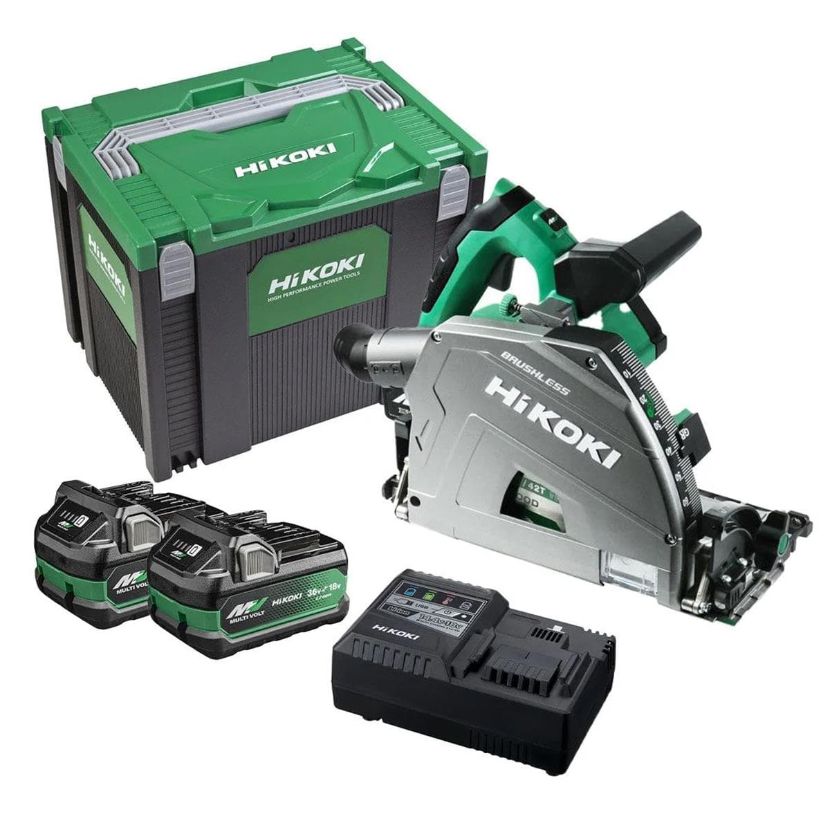 Hikoki C3606DPAJVZ 36V MultiVolt Brushless 165mm Plunge Saw with 2 x 4.0/8.0Ah Battery, Charger & Case C3606DPAJVZ