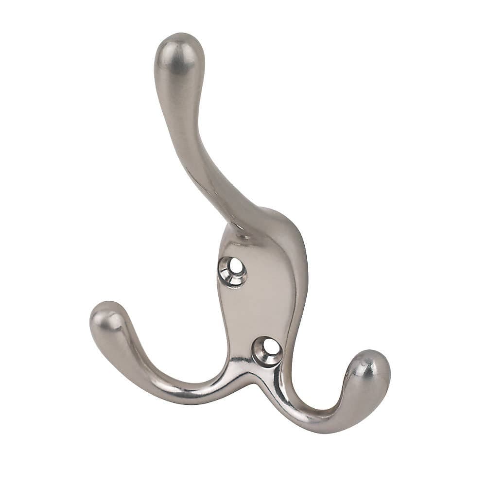 Satin Nickel Plated Three Prong Hat & Coat Hook - Wall/Door Mountable - Decohooks