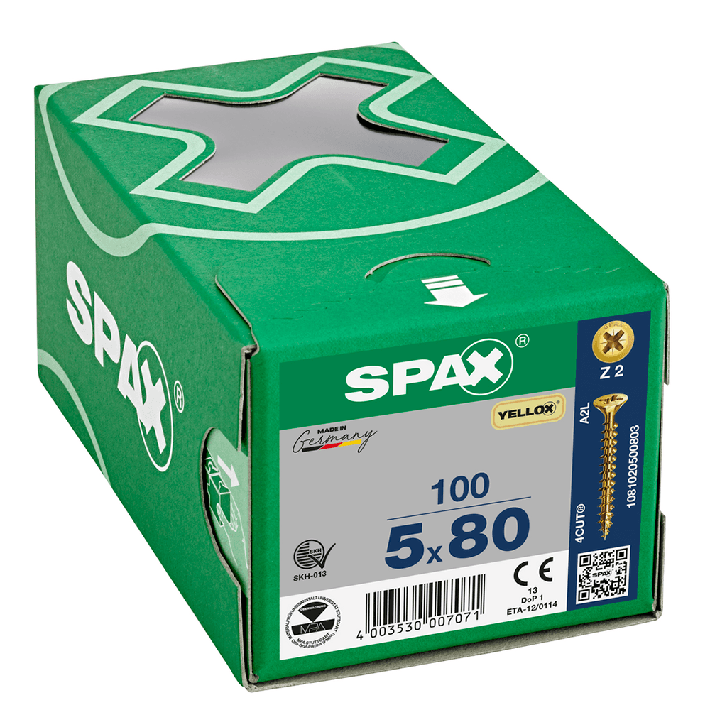 SPAX PZ Flat Countersunk Screw Yellox Coated 5 x 80mm Qty 100