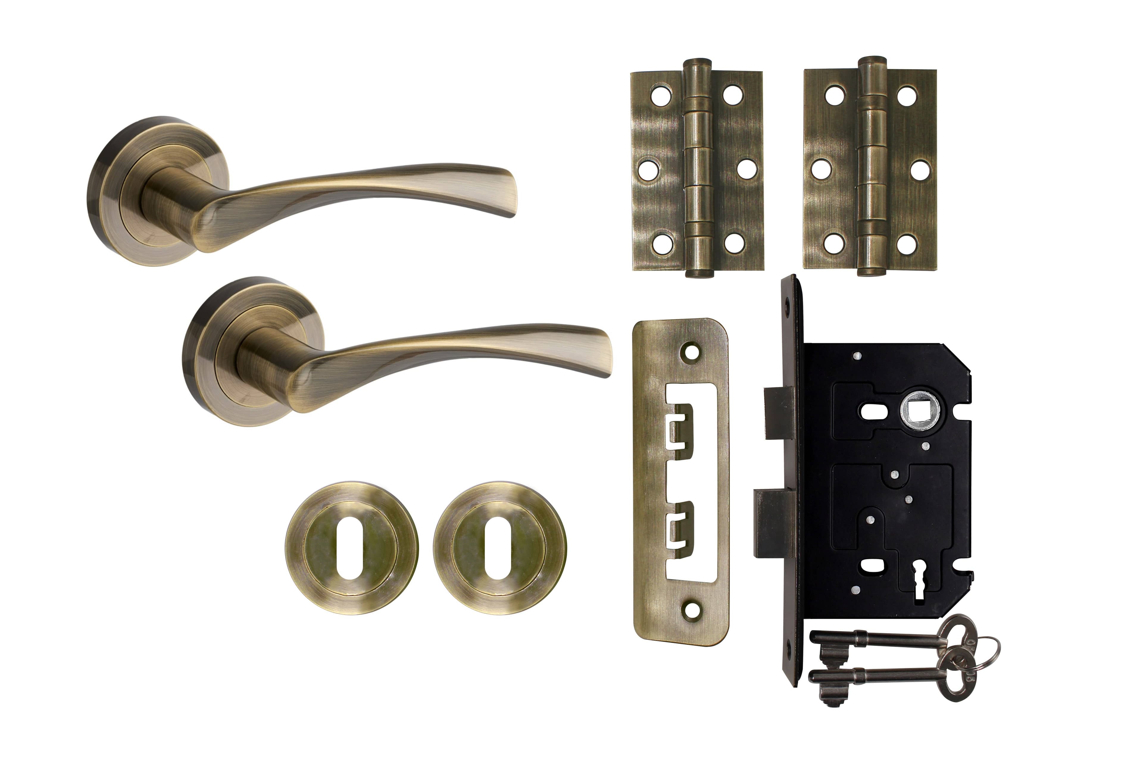 Marvel Lever on Rose Sashlock Door Handle - Antique Brass - Complete Door Pack - Designer Levers