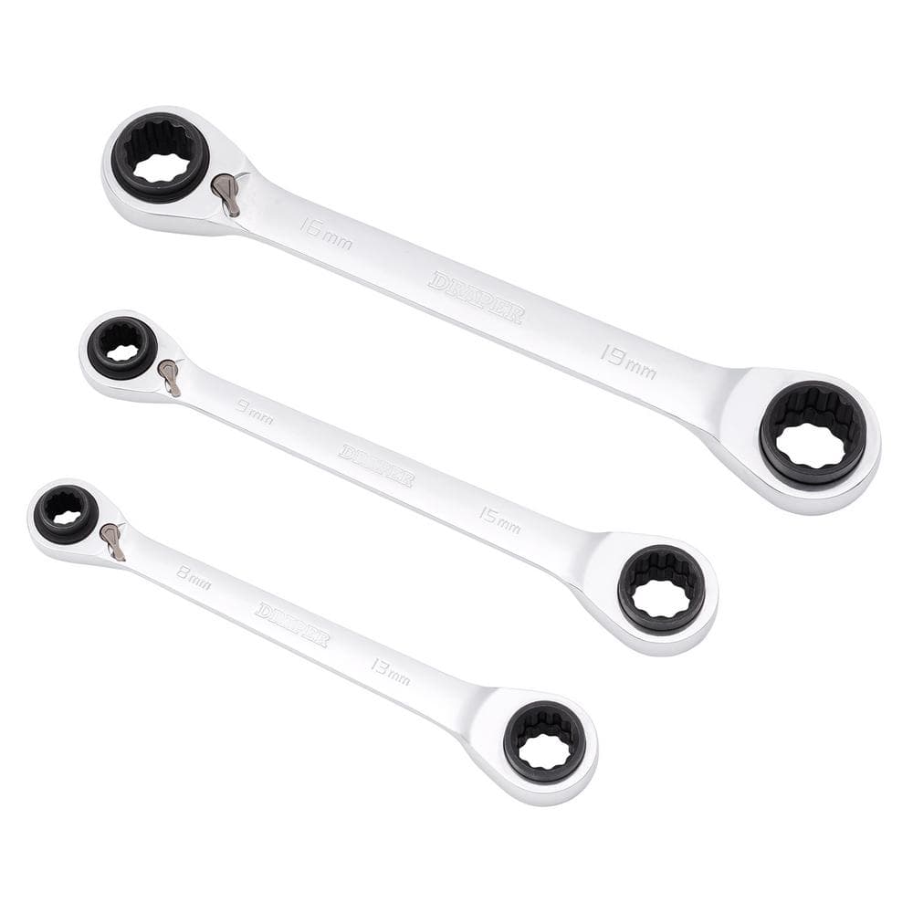 Draper Metric 4-In-1 Reversible Double Ring End Ratchet Spanner Set (3 Piece) Pk 1 11652